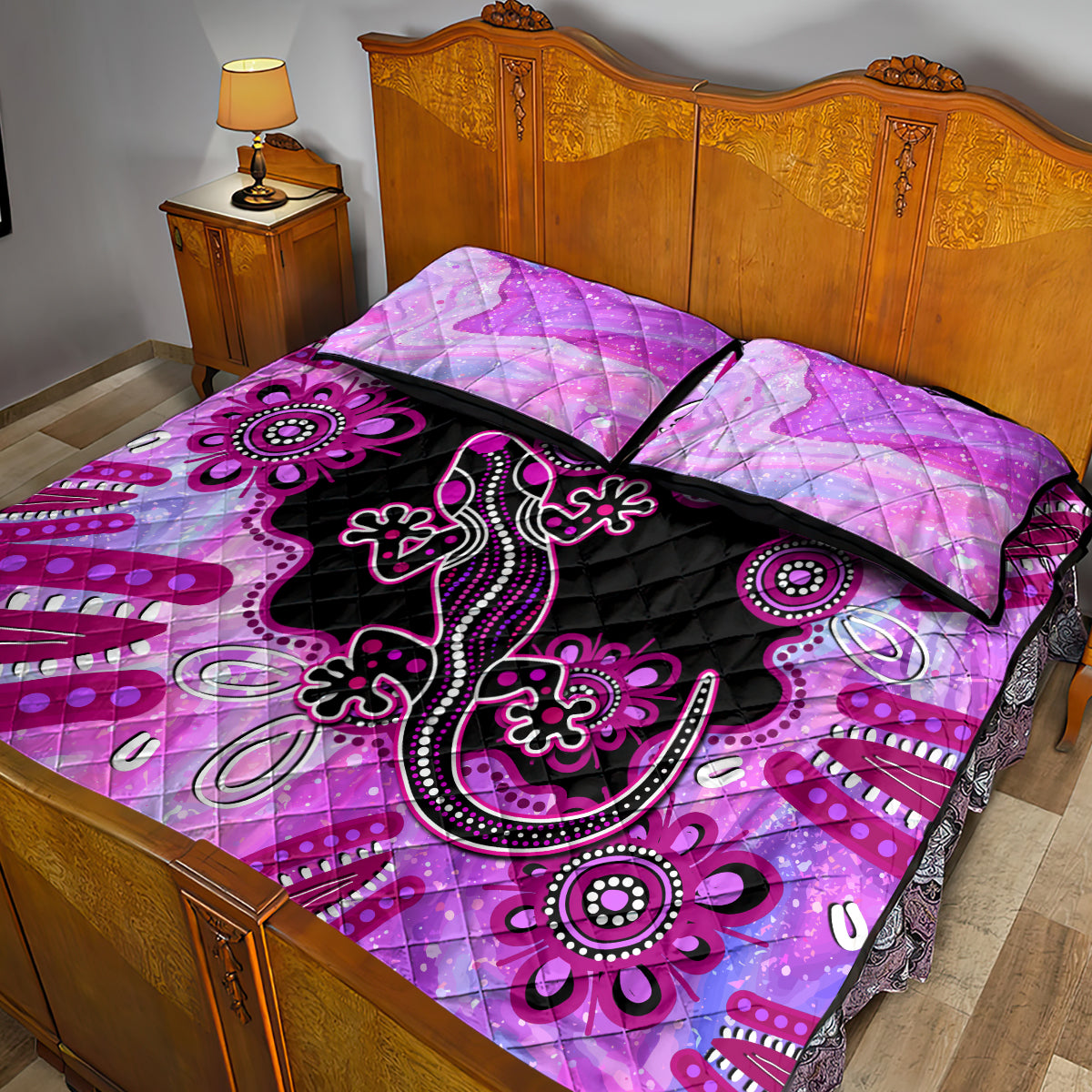 australia-quilt-bed-set-aussie-opal-pattern-with-lizard-aboriginal-art-pink