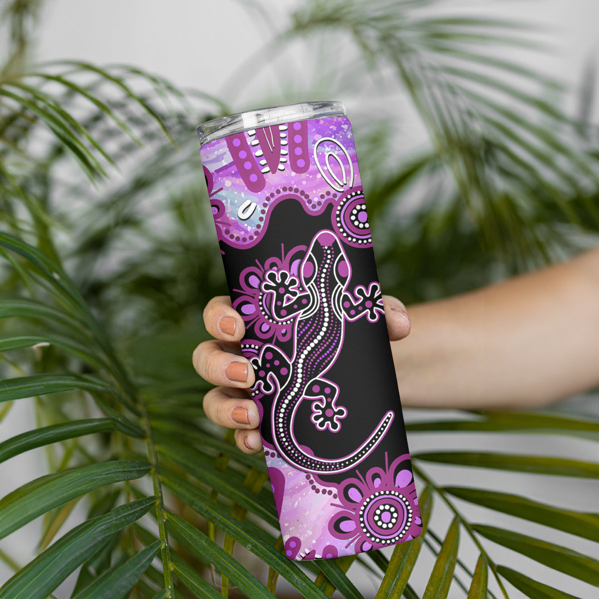 Australia Skinny Tumbler Aussie Opal Pattern With Lizard Aboriginal Art - Pink