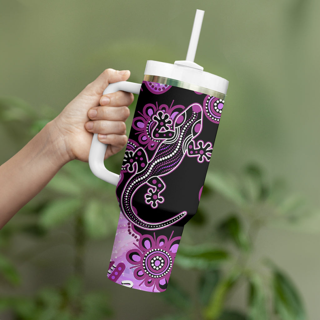 Australia Tumbler With Handle Aussie Opal Pattern With Lizard Aboriginal Art - Pink
