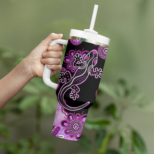 Australia Tumbler With Handle Aussie Opal Pattern With Lizard Aboriginal Art - Pink