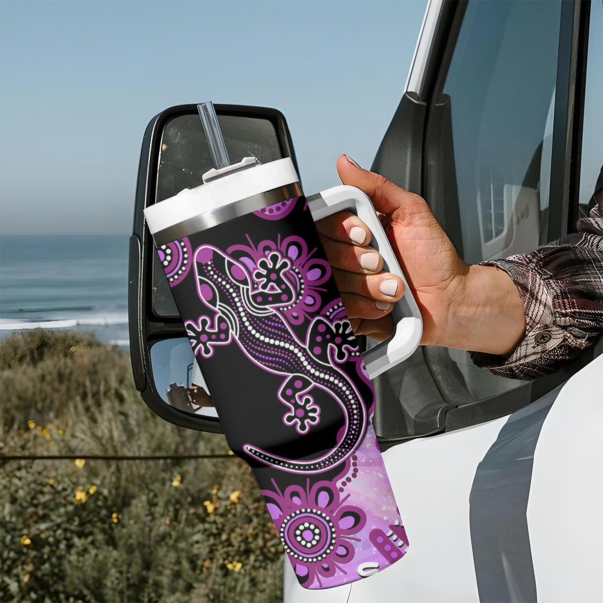 Australia Tumbler With Handle Aussie Opal Pattern With Lizard Aboriginal Art - Pink