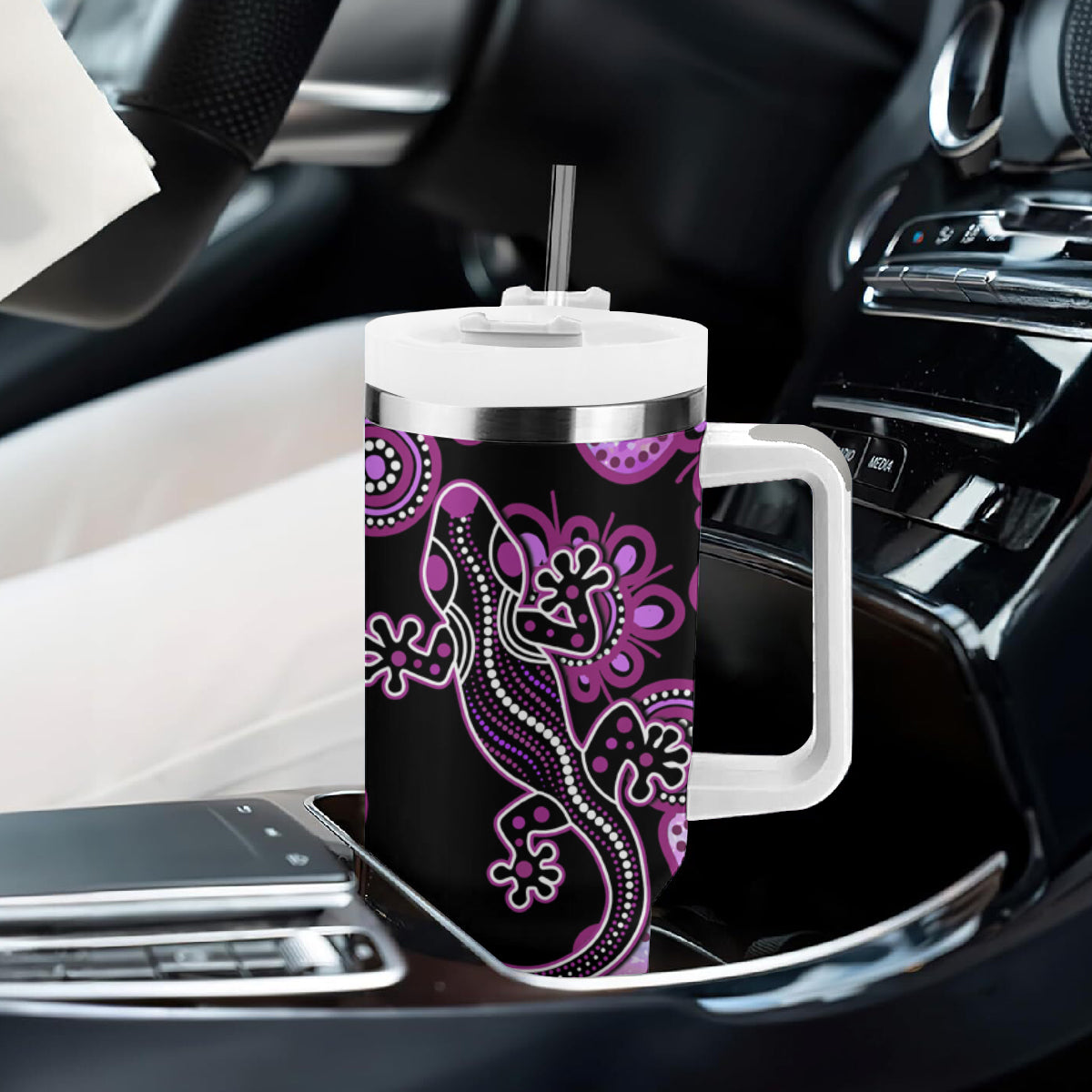 Australia Tumbler With Handle Aussie Opal Pattern With Lizard Aboriginal Art - Pink