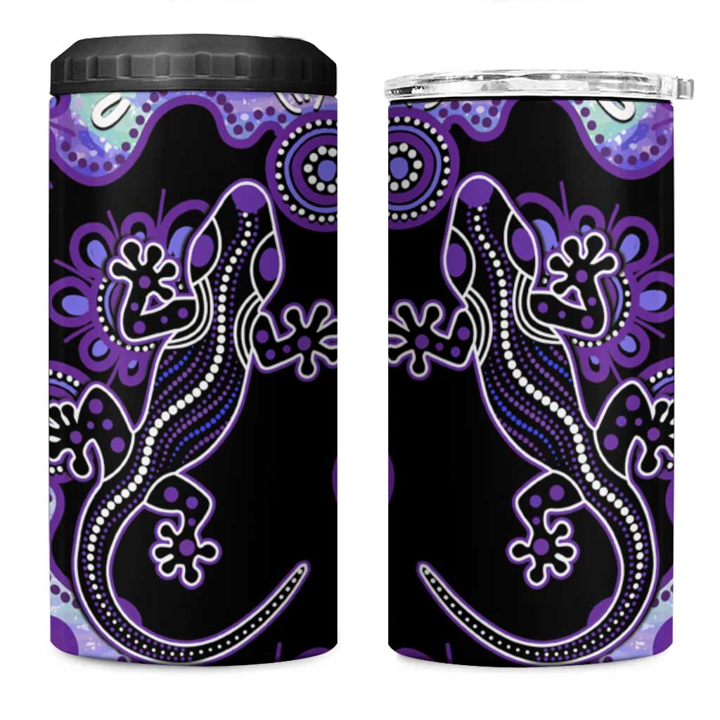 Australia Opal 4 in 1 Can Cooler Tumbler Aussie Lizard With Aboriginal Art - Purple