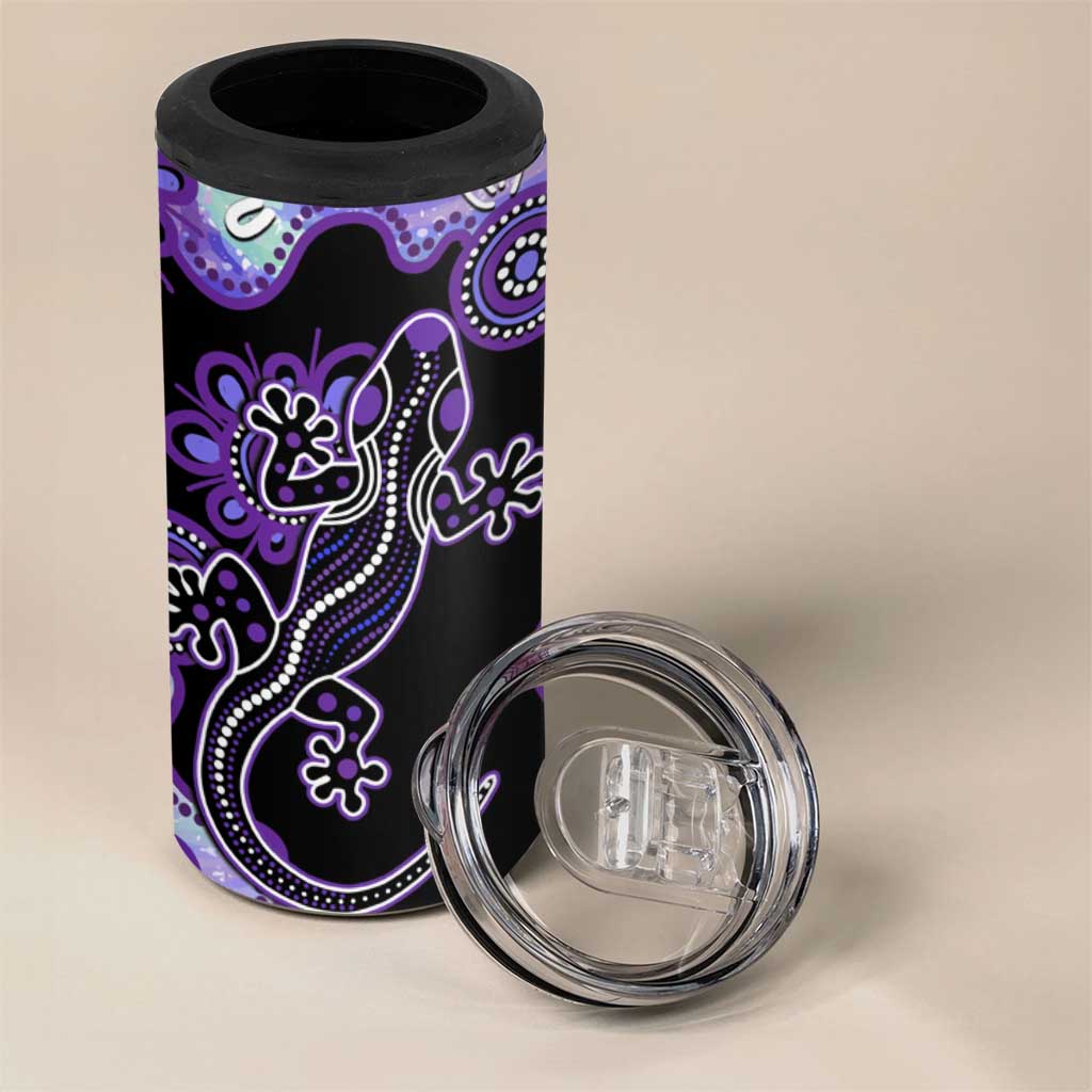 Australia Opal 4 in 1 Can Cooler Tumbler Aussie Lizard With Aboriginal Art - Purple
