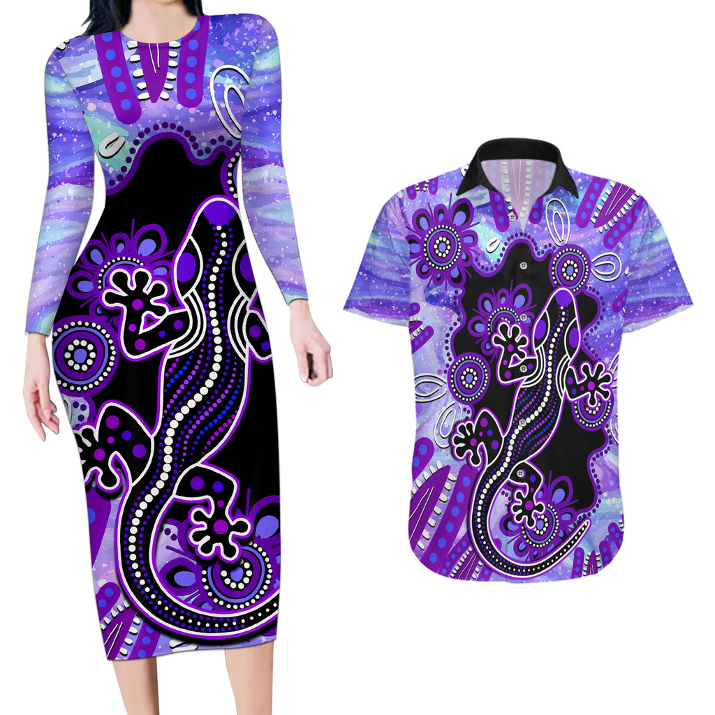 australia-opal-couples-matching-long-sleeve-bodycon-dress-and-hawaiian-shirt-aussie-lizard-with-aboriginal-art-purple