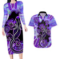 australia-opal-couples-matching-long-sleeve-bodycon-dress-and-hawaiian-shirt-aussie-lizard-with-aboriginal-art-purple