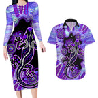 australia-opal-couples-matching-long-sleeve-bodycon-dress-and-hawaiian-shirt-aussie-lizard-with-aboriginal-art-purple