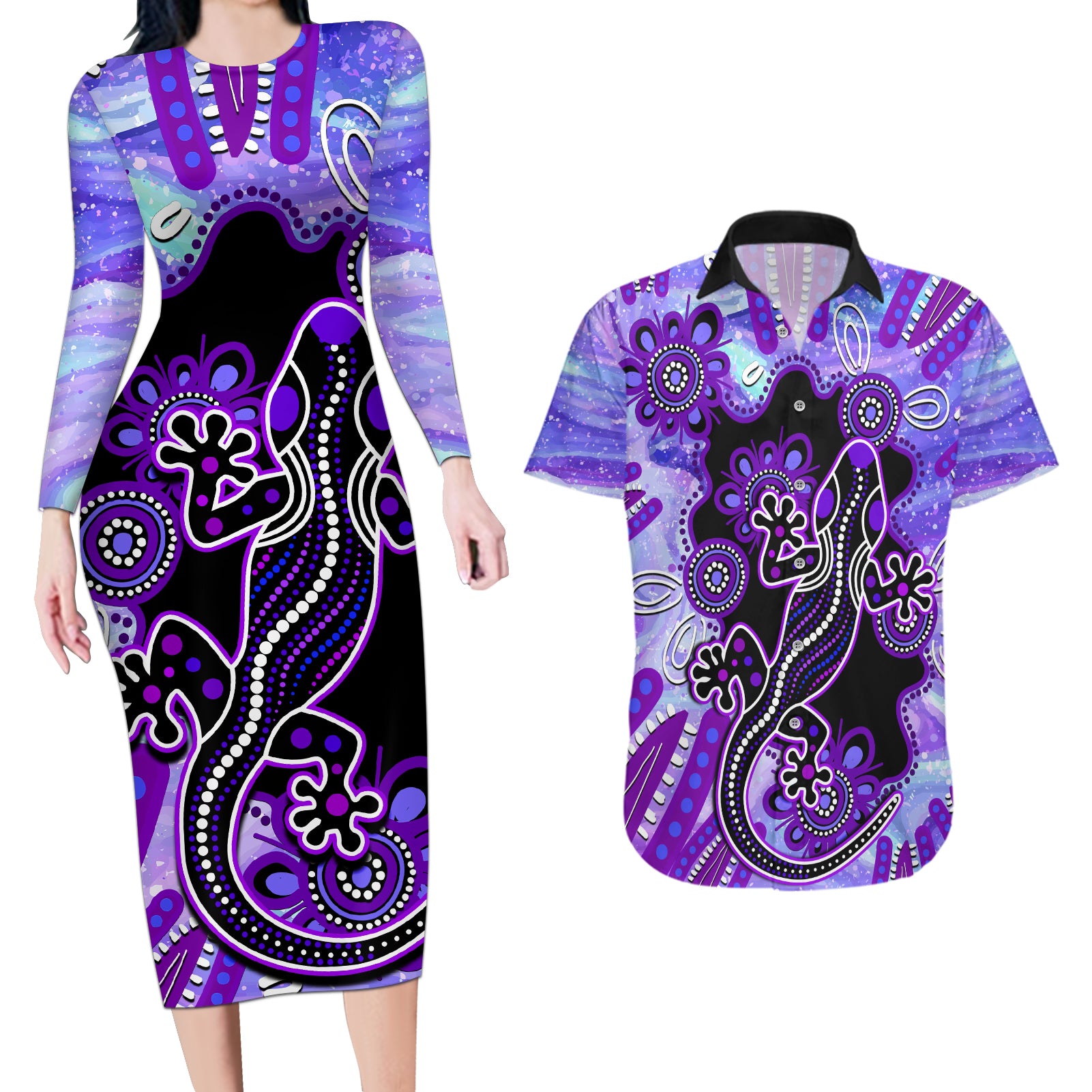 australia-opal-couples-matching-long-sleeve-bodycon-dress-and-hawaiian-shirt-aussie-lizard-with-aboriginal-art-purple