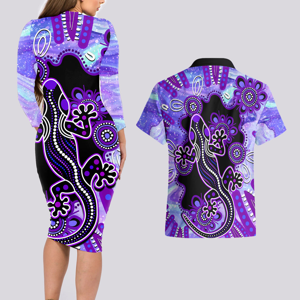 australia-opal-couples-matching-long-sleeve-bodycon-dress-and-hawaiian-shirt-aussie-lizard-with-aboriginal-art-purple