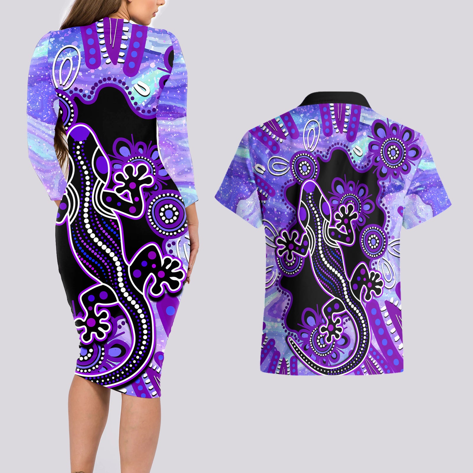 australia-opal-couples-matching-long-sleeve-bodycon-dress-and-hawaiian-shirt-aussie-lizard-with-aboriginal-art-purple