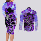 australia-opal-couples-matching-long-sleeve-bodycon-dress-and-long-sleeve-button-shirt-aussie-lizard-with-aboriginal-art-purple