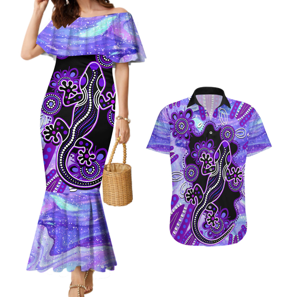 australia-opal-couples-matching-mermaid-dress-and-hawaiian-shirt-aussie-lizard-with-aboriginal-art-purple