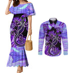australia-opal-couples-matching-mermaid-dress-and-long-sleeve-button-shirt-aussie-lizard-with-aboriginal-art-purple