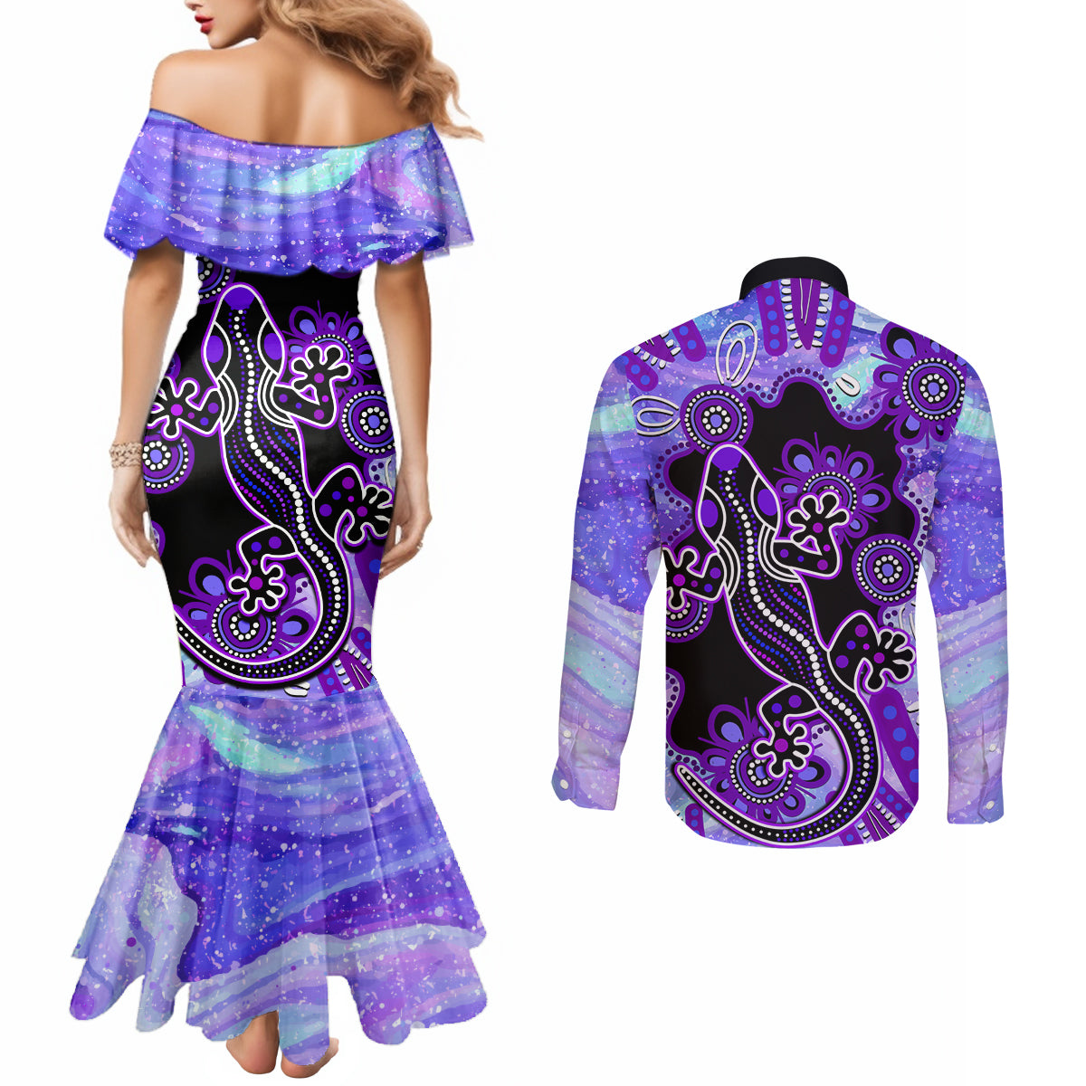 australia-opal-couples-matching-mermaid-dress-and-long-sleeve-button-shirt-aussie-lizard-with-aboriginal-art-purple