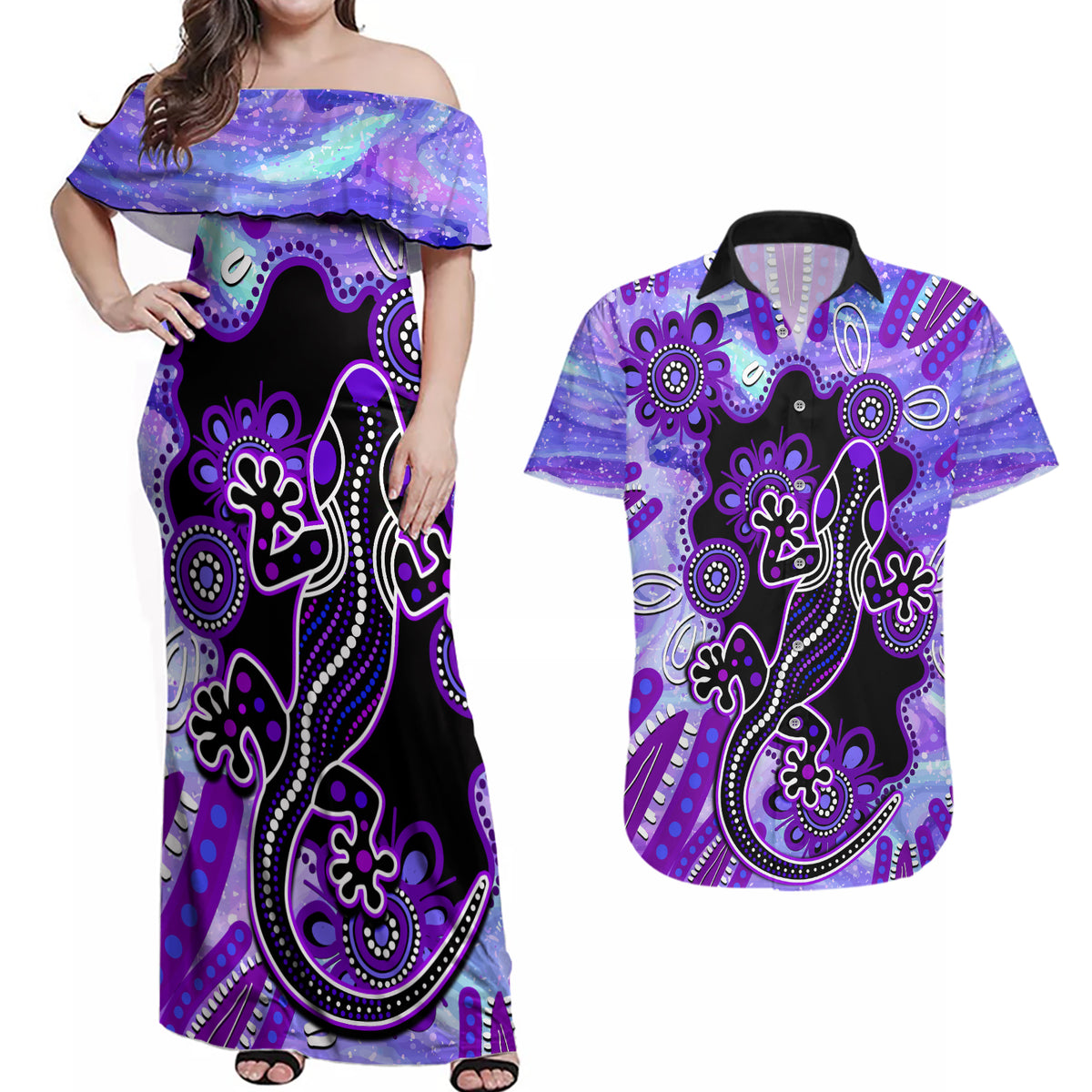 australia-opal-couples-matching-off-shoulder-maxi-dress-and-hawaiian-shirt-aussie-lizard-with-aboriginal-art-purple