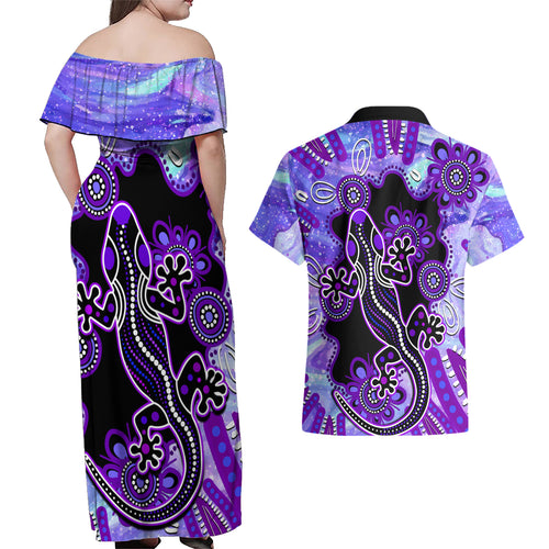 australia-opal-couples-matching-off-shoulder-maxi-dress-and-hawaiian-shirt-aussie-lizard-with-aboriginal-art-purple