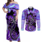 australia-opal-couples-matching-off-shoulder-maxi-dress-and-long-sleeve-button-shirt-aussie-lizard-with-aboriginal-art-purple