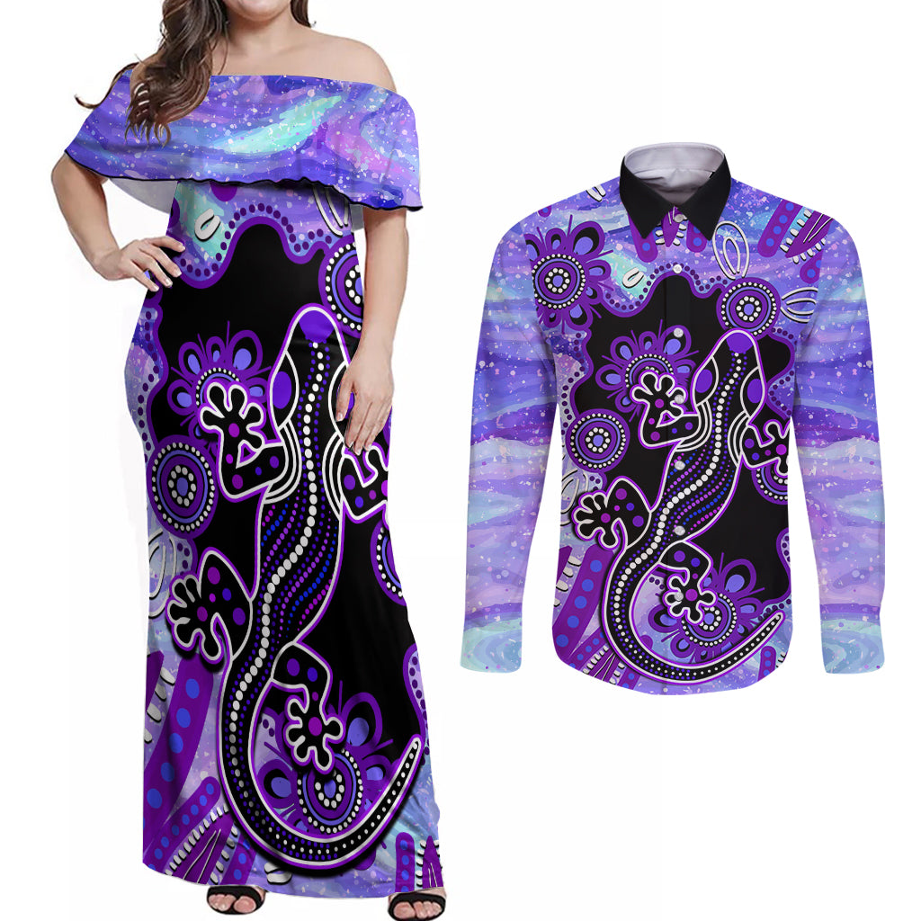australia-opal-couples-matching-off-shoulder-maxi-dress-and-long-sleeve-button-shirt-aussie-lizard-with-aboriginal-art-purple