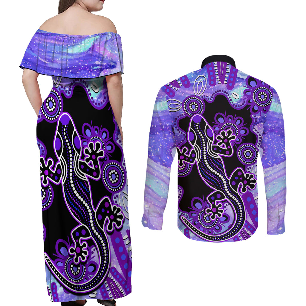 australia-opal-couples-matching-off-shoulder-maxi-dress-and-long-sleeve-button-shirt-aussie-lizard-with-aboriginal-art-purple
