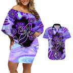 australia-opal-couples-matching-off-shoulder-short-dress-and-hawaiian-shirt-aussie-lizard-with-aboriginal-art-purple