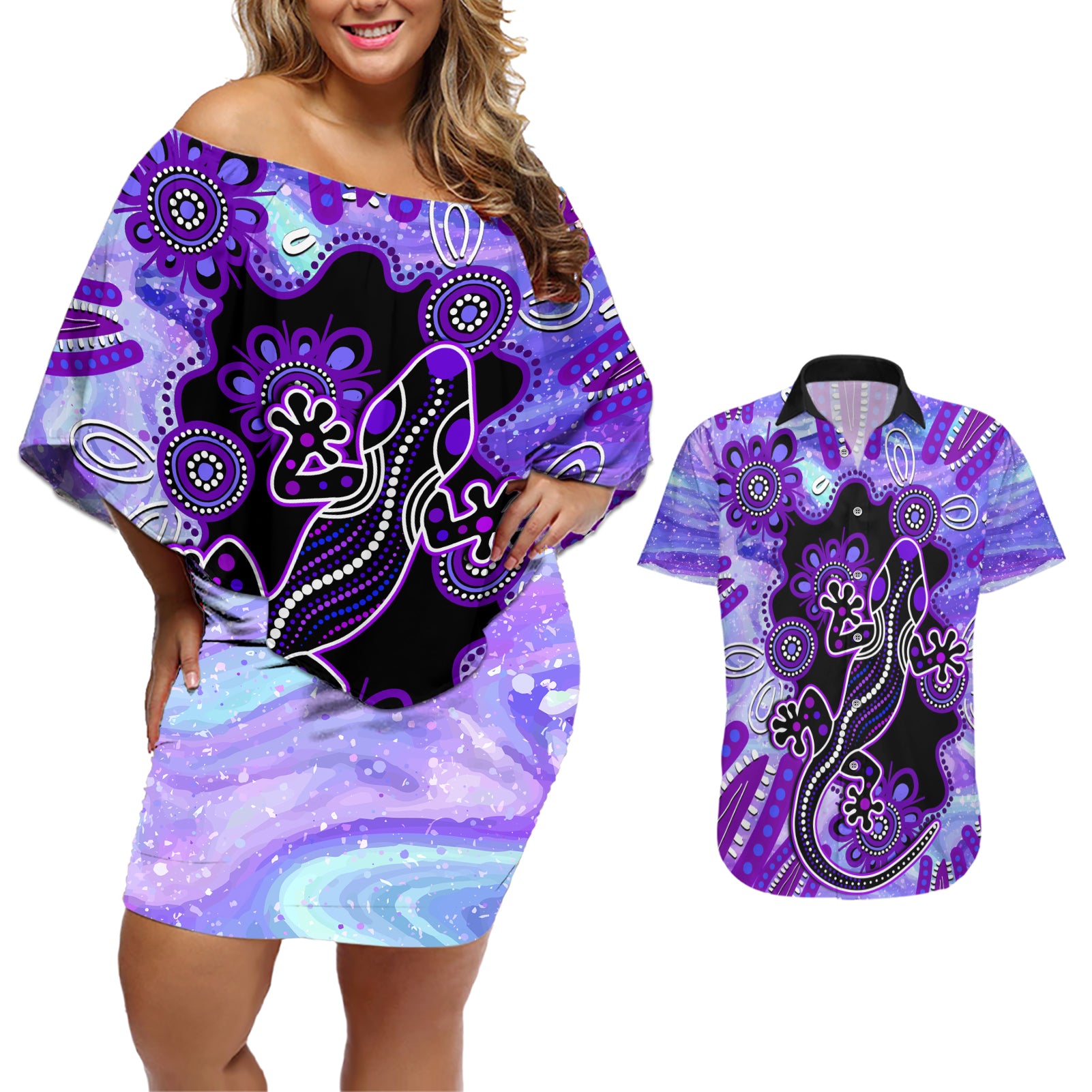 australia-opal-couples-matching-off-shoulder-short-dress-and-hawaiian-shirt-aussie-lizard-with-aboriginal-art-purple