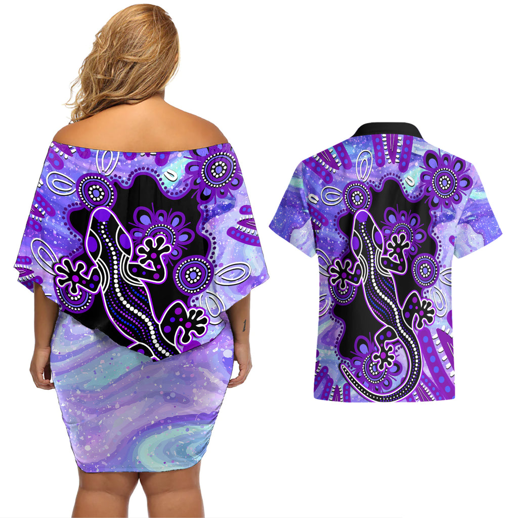australia-opal-couples-matching-off-shoulder-short-dress-and-hawaiian-shirt-aussie-lizard-with-aboriginal-art-purple