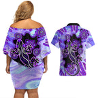 australia-opal-couples-matching-off-shoulder-short-dress-and-hawaiian-shirt-aussie-lizard-with-aboriginal-art-purple