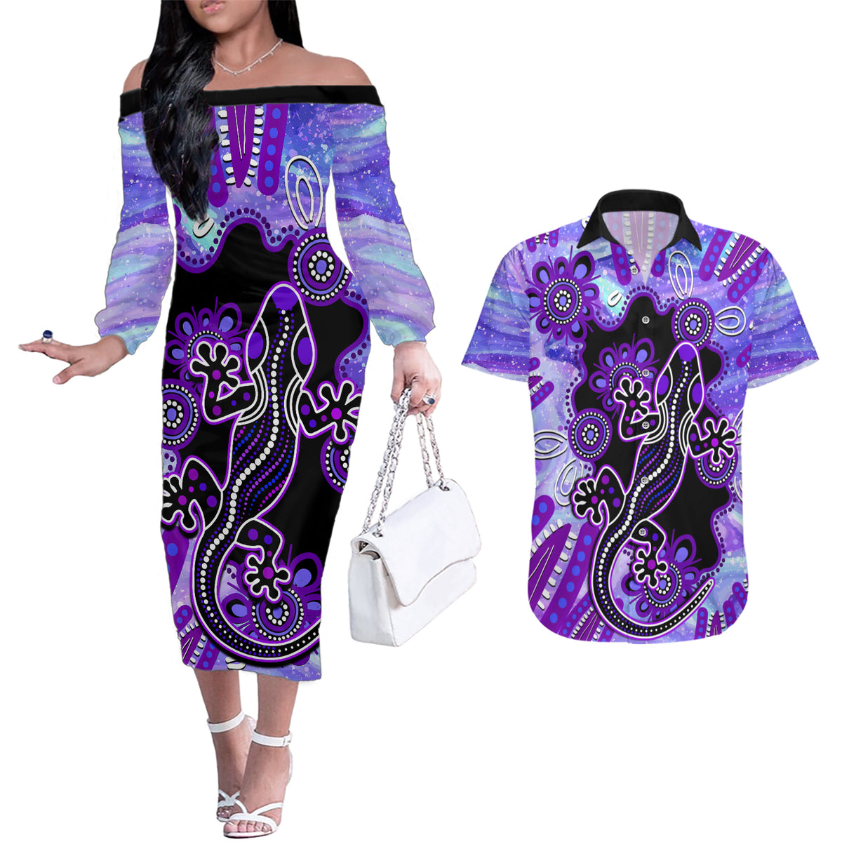 australia-opal-couples-matching-off-the-shoulder-long-sleeve-dress-and-hawaiian-shirt-aussie-lizard-with-aboriginal-art-purple