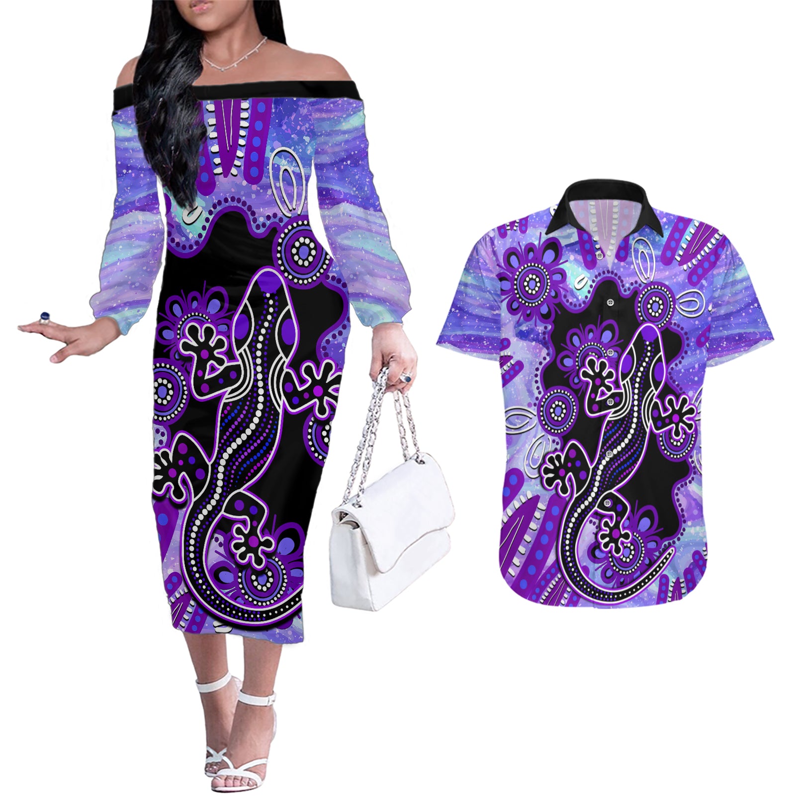 australia-opal-couples-matching-off-the-shoulder-long-sleeve-dress-and-hawaiian-shirt-aussie-lizard-with-aboriginal-art-purple