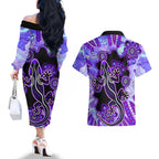 australia-opal-couples-matching-off-the-shoulder-long-sleeve-dress-and-hawaiian-shirt-aussie-lizard-with-aboriginal-art-purple