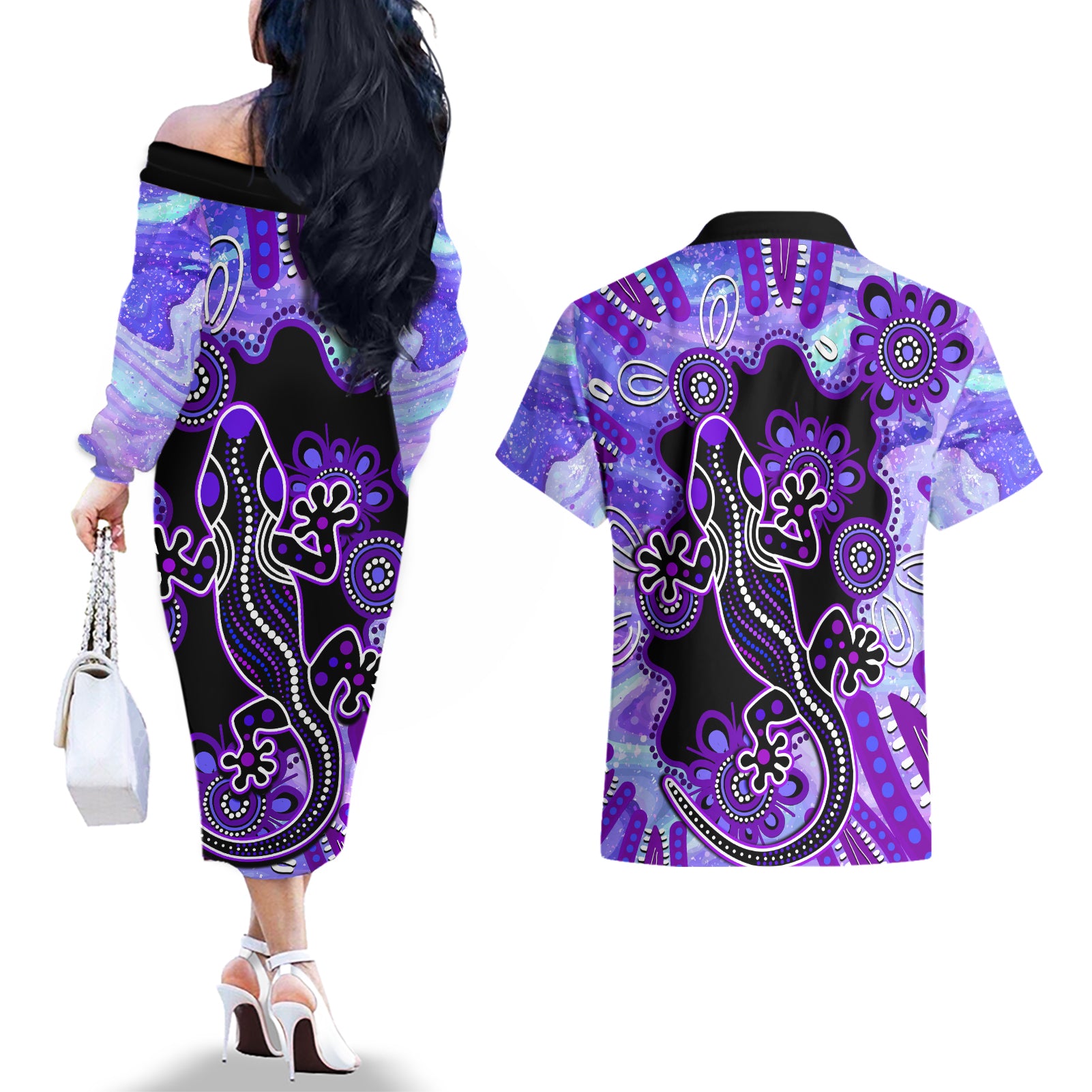 australia-opal-couples-matching-off-the-shoulder-long-sleeve-dress-and-hawaiian-shirt-aussie-lizard-with-aboriginal-art-purple