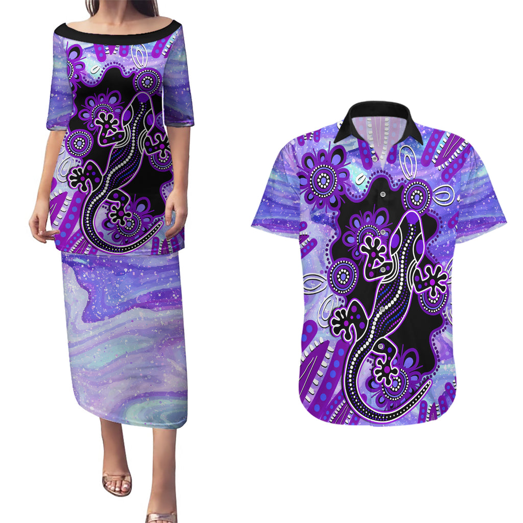australia-opal-couples-matching-puletasi-dress-and-hawaiian-shirt-aussie-lizard-with-aboriginal-art-purple
