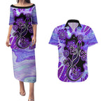 australia-opal-couples-matching-puletasi-dress-and-hawaiian-shirt-aussie-lizard-with-aboriginal-art-purple