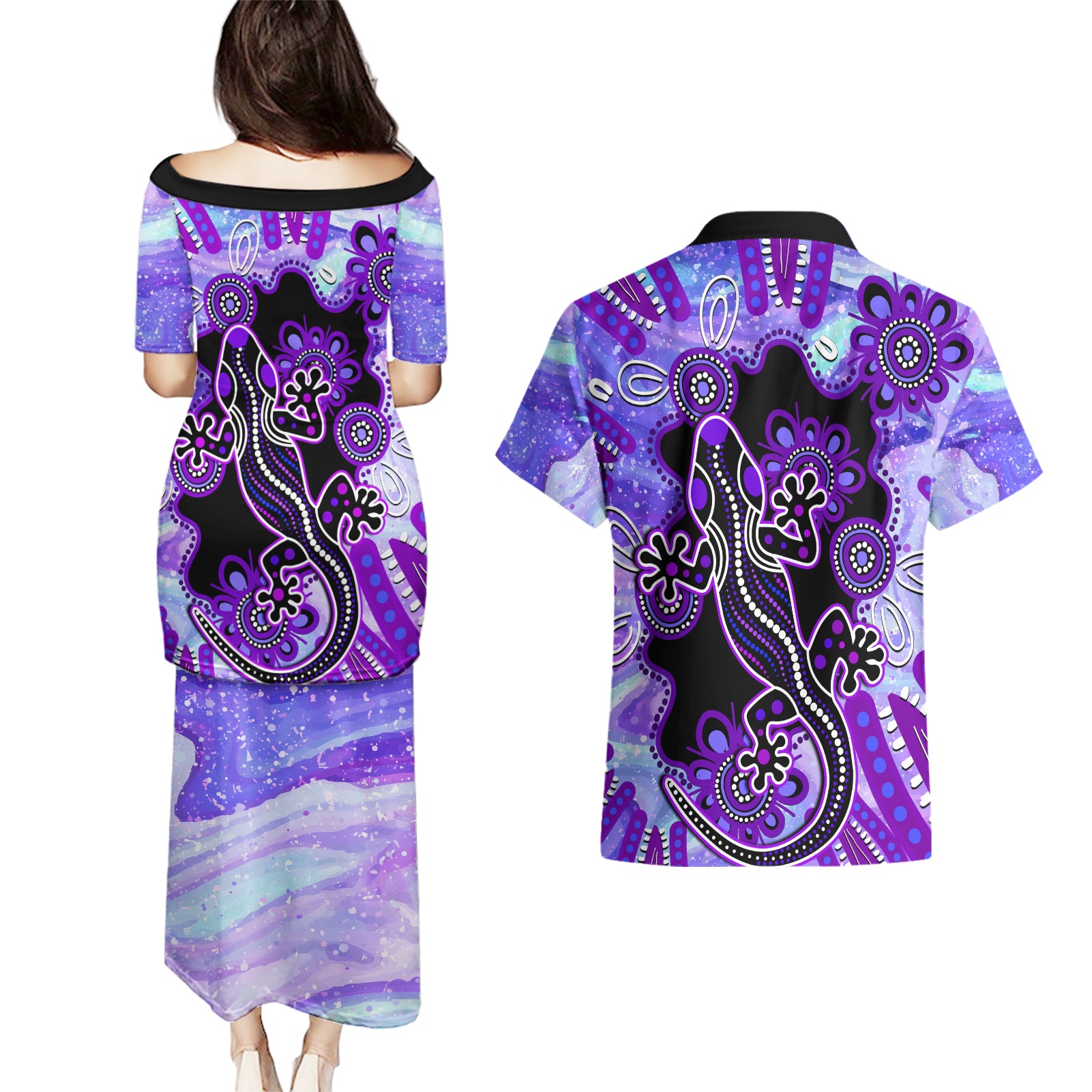 australia-opal-couples-matching-puletasi-dress-and-hawaiian-shirt-aussie-lizard-with-aboriginal-art-purple