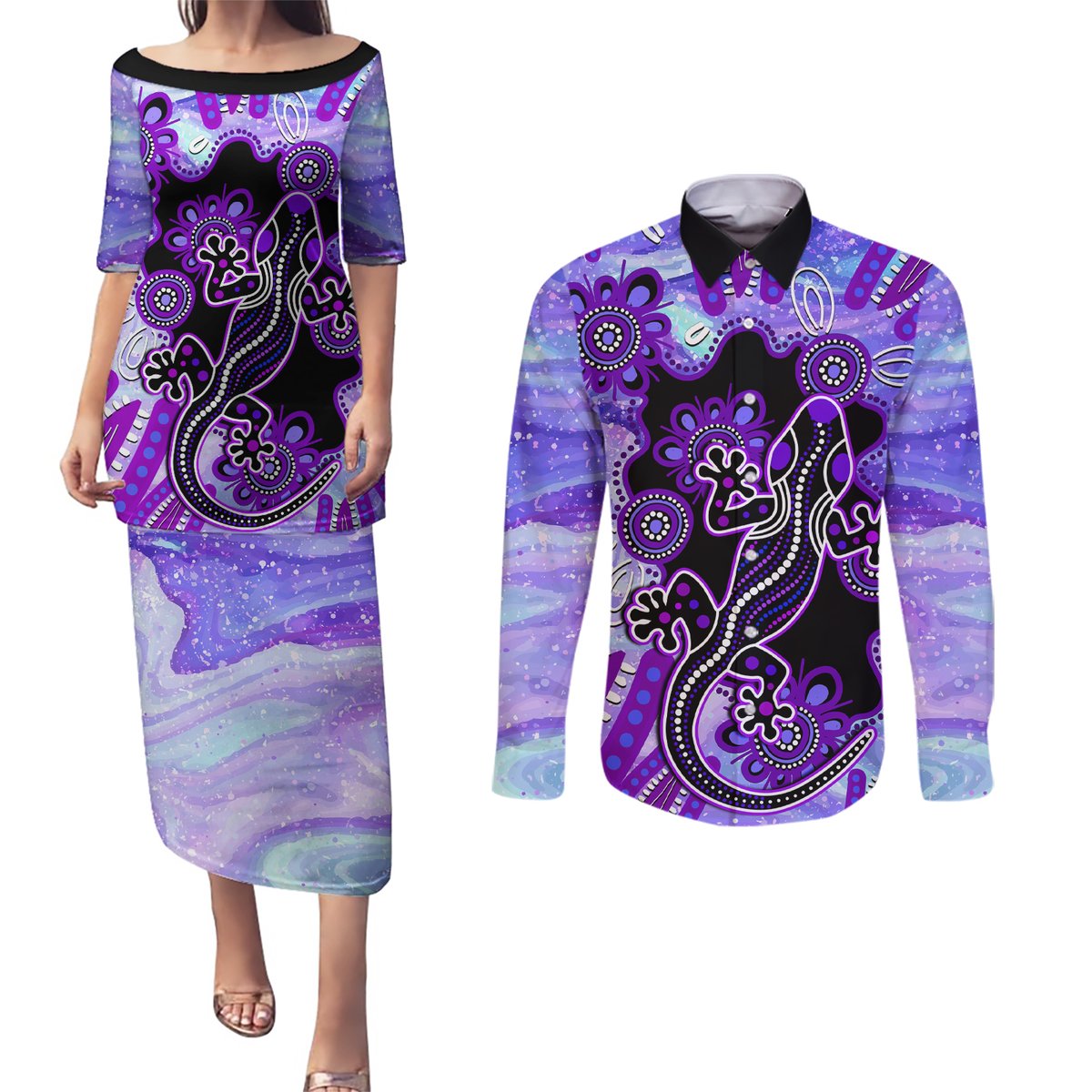 australia-opal-couples-matching-puletasi-dress-and-long-sleeve-button-shirt-aussie-lizard-with-aboriginal-art-purple