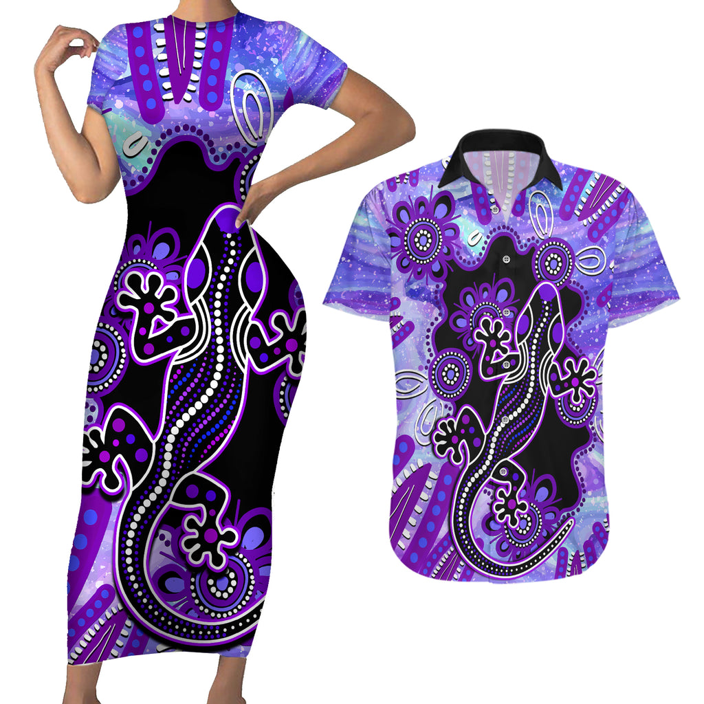 australia-opal-couples-matching-short-sleeve-bodycon-dress-and-hawaiian-shirt-aussie-lizard-with-aboriginal-art-purple