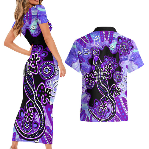 australia-opal-couples-matching-short-sleeve-bodycon-dress-and-hawaiian-shirt-aussie-lizard-with-aboriginal-art-purple