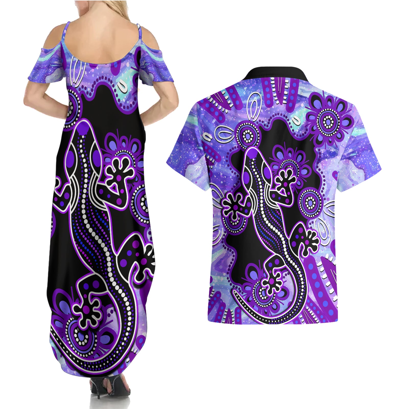 australia-opal-couples-matching-summer-maxi-dress-and-hawaiian-shirt-aussie-lizard-with-aboriginal-art-purple