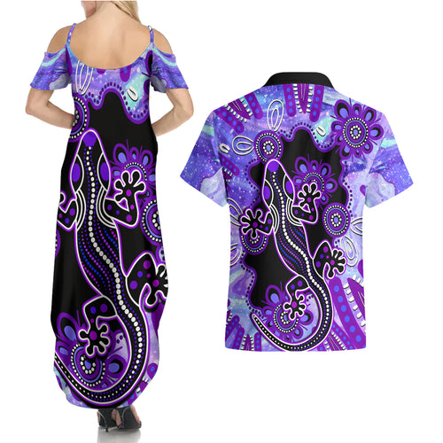 australia-opal-couples-matching-summer-maxi-dress-and-hawaiian-shirt-aussie-lizard-with-aboriginal-art-purple