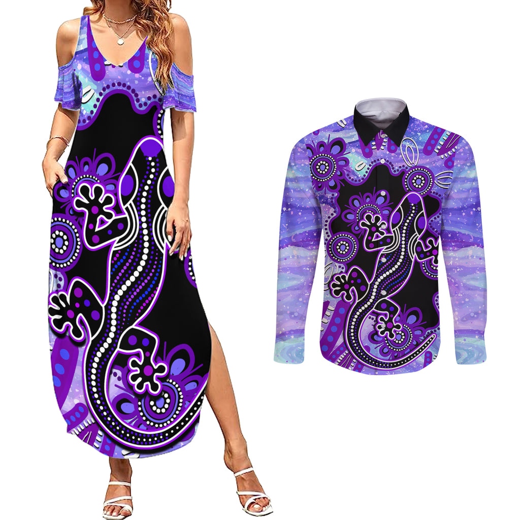 australia-opal-couples-matching-summer-maxi-dress-and-long-sleeve-button-shirt-aussie-lizard-with-aboriginal-art-purple