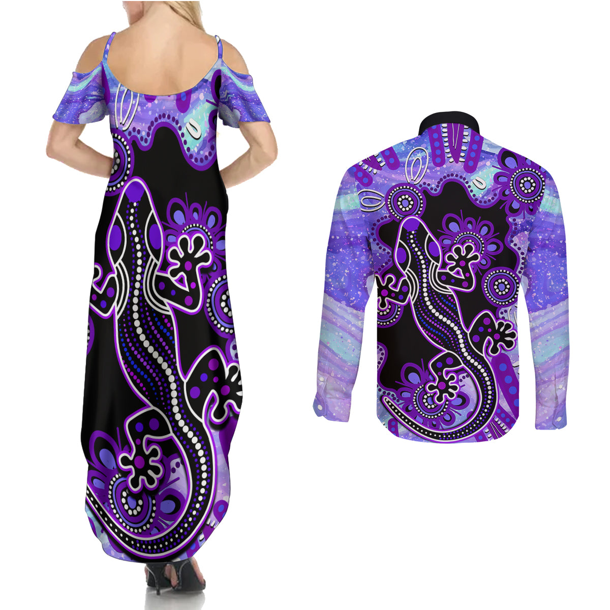 australia-opal-couples-matching-summer-maxi-dress-and-long-sleeve-button-shirt-aussie-lizard-with-aboriginal-art-purple