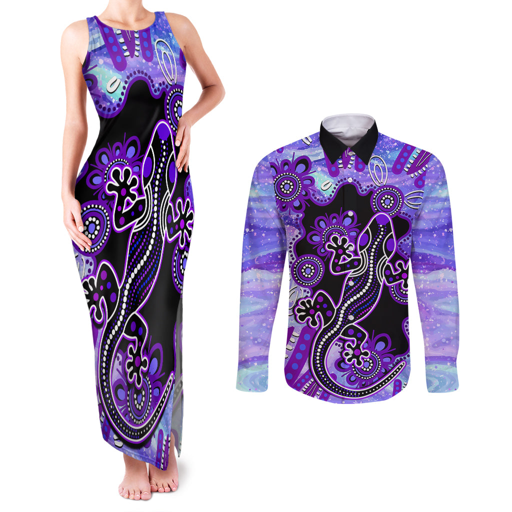 australia-opal-couples-matching-tank-maxi-dress-and-long-sleeve-button-shirt-aussie-lizard-with-aboriginal-art-purple