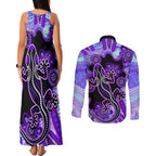 australia-opal-couples-matching-tank-maxi-dress-and-long-sleeve-button-shirt-aussie-lizard-with-aboriginal-art-purple