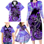 australia-opal-family-matching-long-sleeve-bodycon-dress-and-hawaiian-shirt-aussie-lizard-with-aboriginal-art-purple
