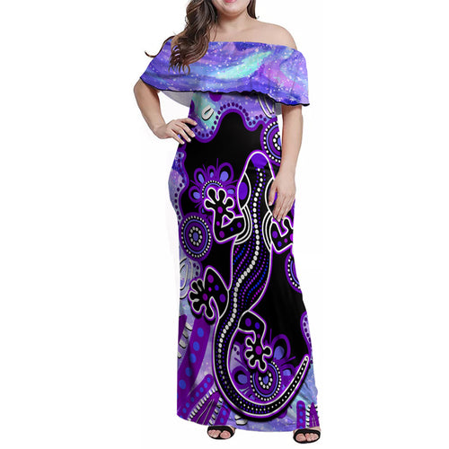 australia-opal-family-matching-off-shoulder-maxi-dress-and-hawaiian-shirt-aussie-lizard-with-aboriginal-art-purple