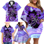 australia-opal-family-matching-off-shoulder-short-dress-and-hawaiian-shirt-aussie-lizard-with-aboriginal-art-purple
