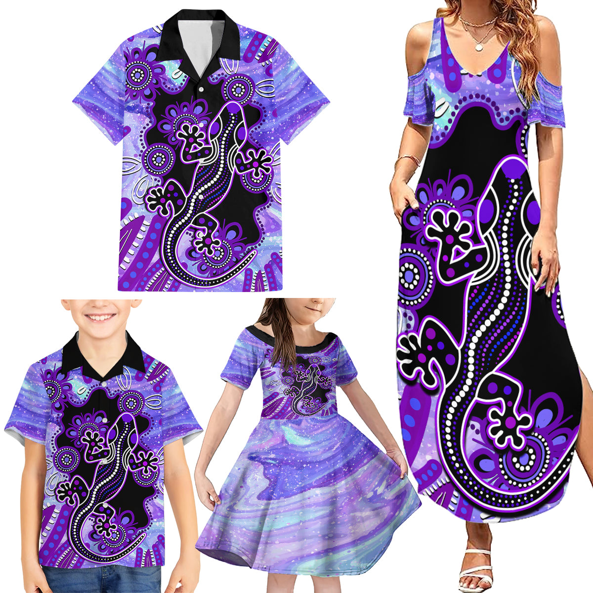 australia-opal-family-matching-summer-maxi-dress-and-hawaiian-shirt-aussie-lizard-with-aboriginal-art-purple