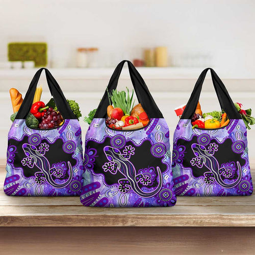 Australia Opal Grocery Bag Aussie Lizard With Aboriginal Art - Purple