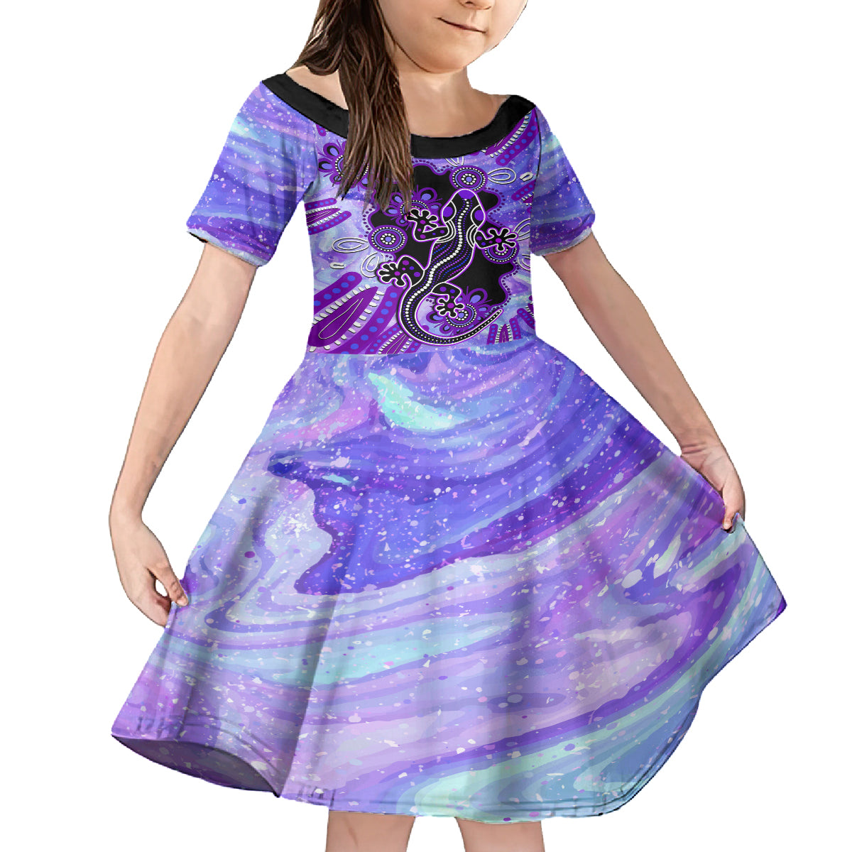 australia-opal-kid-short-sleeve-dress-aussie-lizard-with-aboriginal-art-purple