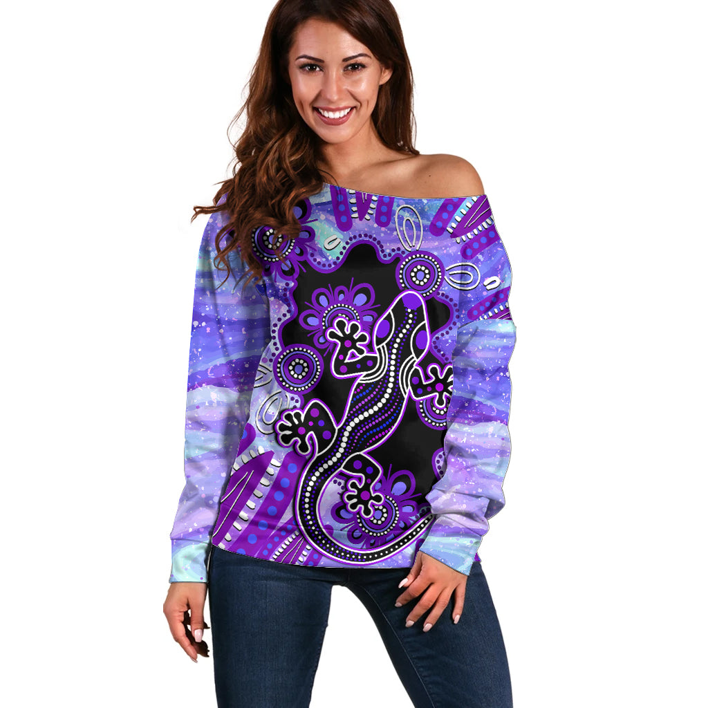 australia-opal-off-shoulder-sweater-aussie-lizard-with-aboriginal-art-purple